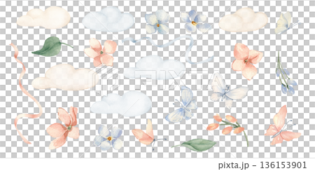 Botanical clipart with butterflies pastel watercolor illustration isolated white. Hand painted set of soft clouds, peach and blue flowers and satin ribbons. Elements for baby textile and stationery. 136153901
