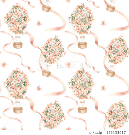 Floral print with ribbons isolated background. Watercolor hot air balloons with basket and pink flowers beige palette hand painted. Seamless pattern for nursery textiles and feminine wrapping paper. Floral print with ribbons isolated background. Watercolor hot air balloons with basket and pink flowers beige palette hand painted. Seamless pattern for nursery textiles and feminine wrapping paper. 136153917