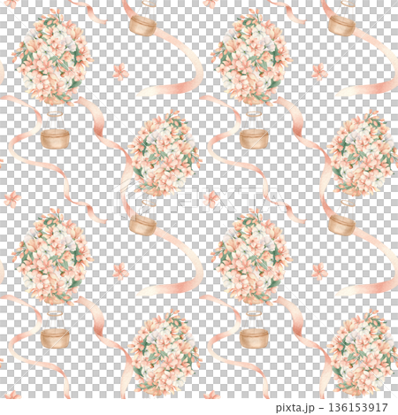 Floral print with ribbons isolated background. Watercolor hot air balloons with basket and pink flowers beige palette hand painted. Seamless pattern for nursery textiles and feminine wrapping paper. Floral print with ribbons isolated background. Watercolor hot air balloons with basket and pink flowers beige palette hand painted. Seamless pattern for nursery textiles and feminine wrapping paper. 136153917