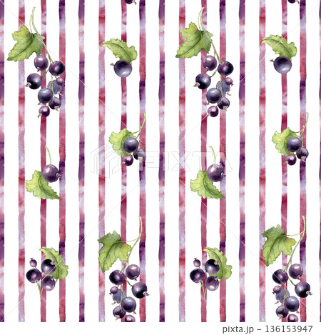 Black currants watercolor seamless pattern on purple and red striped background. Artistic garden fruits design for fabric, textile, wallpaper. Vibrant fresh berries repeat backdrop on white. Black currants watercolor seamless pattern on purple and red striped background. Artistic garden fruits design for fabric, textile, wallpaper. Vibrant fresh berries repeat backdrop on white. 136153947