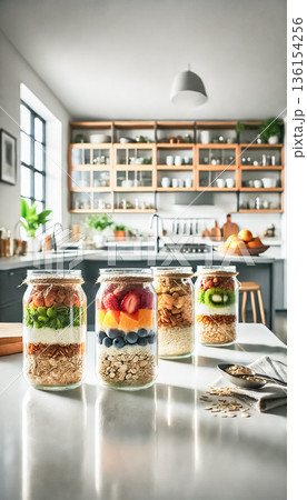 A stylish arrangement of overnight oats jars on a sleek white marble countertop in a contemporary kitchen. The jars are filled with creamy oats, fresh berries, mango, and topped with nuts and seeds 136154256