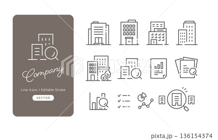 企業研究や会社案内に使えるオフィスビルとグラフのベクターアイコンセット (線画・モノクロ) 136154374