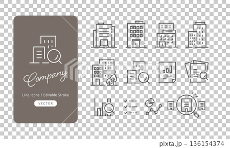 企業研究や会社案内に使えるオフィスビルとグラフのベクターアイコンセット (線画・モノクロ) 136154374
