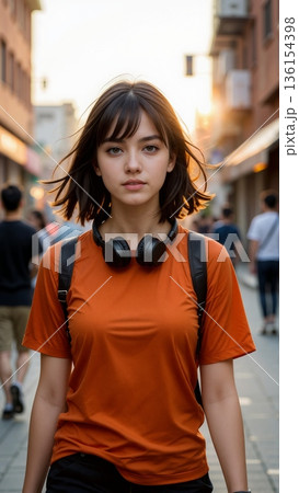 Young woman walking on a city street at sunset wearing an orange t-shirt and headphones 136154398
