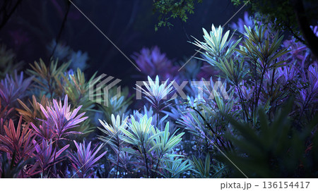 夜露に揺れる虹色の発光植物 136154417