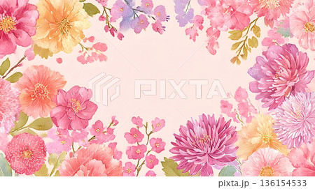 春色の花々に囲まれたやさしいフラワーフレーム背景 136154533