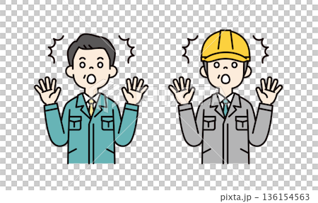 一組向量插圖，描繪了一位身穿工作服的工廠經理和一位戴著安全帽、表情驚訝的現場主管。 136154563