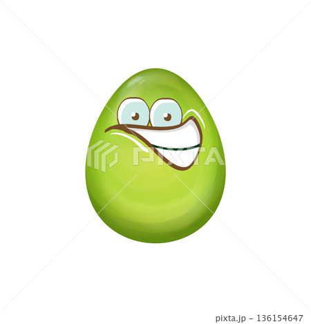 Cartoon green easter egg with smile isolated on white background. Green color egg vector concept illustration. funky sweet easter character with eyes and mouth Cartoon green easter egg with smile isolated on white background. Green color egg vector concept illustration. funky sweet easter character with eyes and mouth 136154647
