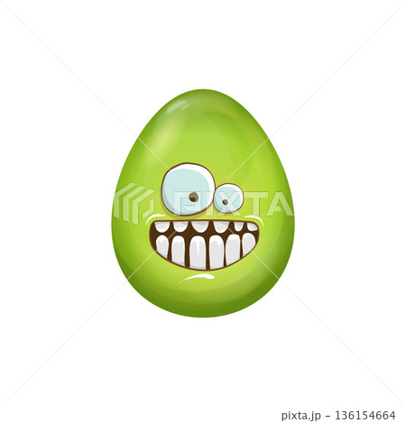 Cartoon green easter egg with smile isolated on white background. Green color egg vector concept illustration. funky sweet easter character with eyes and mouth Cartoon green easter egg with smile isolated on white background. Green color egg vector concept illustration. funky sweet easter character with eyes and mouth 136154664