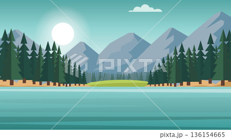 Misty Pine Valley Beside Quiet Lake 136154665