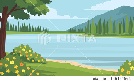 Quiet Garden Scene Beside Small Lake 136154666