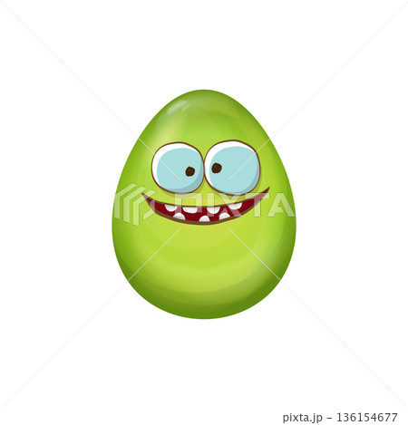 Cartoon green easter egg with smile isolated on white background. Green color egg vector concept illustration. funky sweet easter character with eyes and mouth Cartoon green easter egg with smile isolated on white background. Green color egg vector concept illustration. funky sweet easter character with eyes and mouth 136154677
