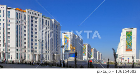 Ashgabat, Turkmenistan. Mart 11, 2021: Monument to the Turkmen Alabai. Alabai: a breed of guard dogs. 136154682