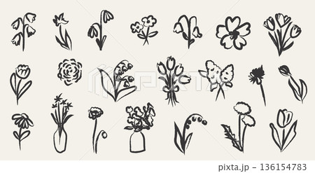 Hand drawn sketchy spring flower collection with rough charcoal line art, naive botanical silhouettes and whimsical floral elements in ink doodle style for seasonal design, decor, scrapbooking. Vector Hand drawn sketchy spring flower collection with rough charcoal line art, naive botanical silhouettes and whimsical floral elements in ink doodle style for seasonal design, decor, scrapbooking. Vector 136154783