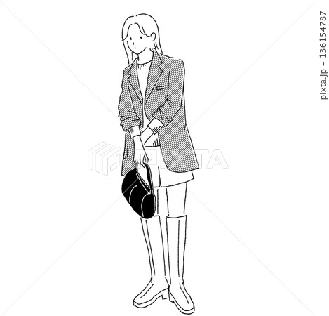モノクロ線画の女性ファッションイラスト テーラードジャケットとショートパンツ モノクロ線画の女性ファッションイラスト テーラードジャケットとショートパンツ 136154787
