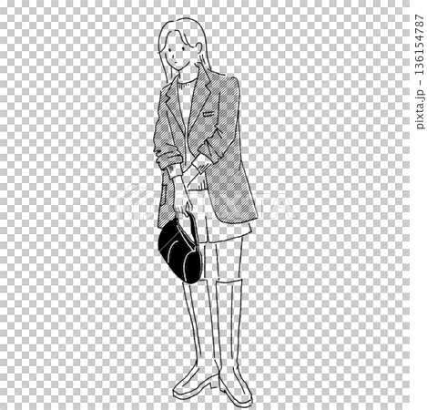 モノクロ線画の女性ファッションイラスト テーラードジャケットとショートパンツ モノクロ線画の女性ファッションイラスト テーラードジャケットとショートパンツ 136154787