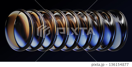 Abstract liquid glass circular disc row with blue gold neon gradient on black 3d background. Graphic array of iridescent transparent plates, round shapes. Overlapping circle pattern. 3D illustration 136154877