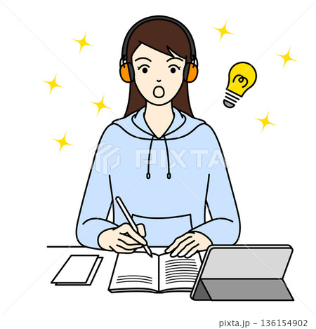 聴覚保護のイヤーマフを着用中に良いアイデアを閃いた女性 136154902