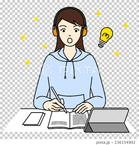 聴覚保護のイヤーマフを着用中に良いアイデアを閃いた女性 136154902