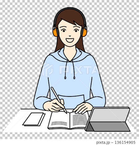 聴覚過敏対策のイヤーマフを着用して笑顔で学習する女性 136154905