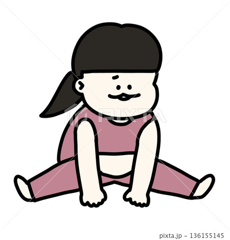 開脚ストレッチで体が硬くて苦戦するぽっちゃりした女性のイラスト 開脚ストレッチで体が硬くて苦戦するぽっちゃりした女性のイラスト 136155145