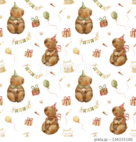 Pattern capybara birthday party, cake, cupcakes, balloons, garland. Watercolor illustrations in childish style. Seamless print hand-drawn on isolated background for textiles, baby clothes, packaging Pattern capybara birthday party, cake, cupcakes, balloons, garland. Watercolor illustrations in childish style. Seamless print hand-drawn on isolated background for textiles, baby clothes, packaging 136155180