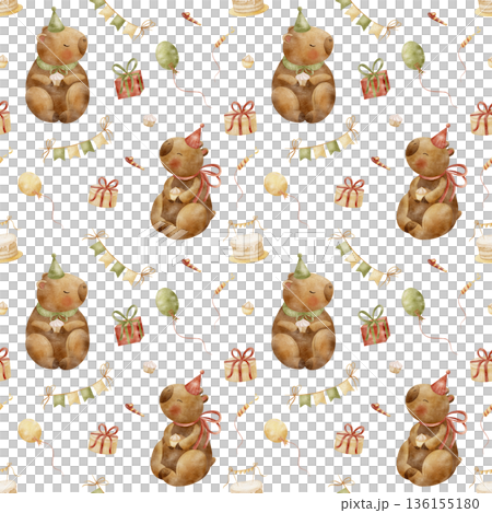 Pattern capybara birthday party, cake, cupcakes, balloons, garland. Watercolor illustrations in childish style. Seamless print hand-drawn on isolated background for textiles, baby clothes, packaging Pattern capybara birthday party, cake, cupcakes, balloons, garland. Watercolor illustrations in childish style. Seamless print hand-drawn on isolated background for textiles, baby clothes, packaging 136155180