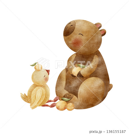 Capybara duck fruits tangerines, oranges. Watercolor animal illustrations in childish style. Hand drawn isolated from background for card design, invitations, poster, party packaging, baby shower 136155187