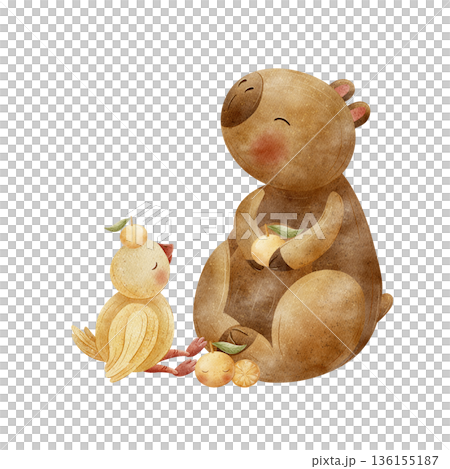 Capybara duck fruits tangerines, oranges. Watercolor animal illustrations in childish style. Hand drawn isolated from background for card design, invitations, poster, party packaging, baby shower 136155187