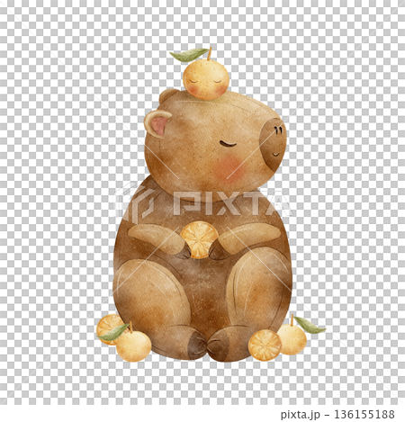Capybara with fruits tangerines, oranges. Watercolor animal illustrations in childish cartoon style. Hand drawn isolated from background for card design invitations poster party packaging baby shower Capybara with fruits tangerines, oranges. Watercolor animal illustrations in childish cartoon style. Hand drawn isolated from background for card design invitations poster party packaging baby shower 136155188
