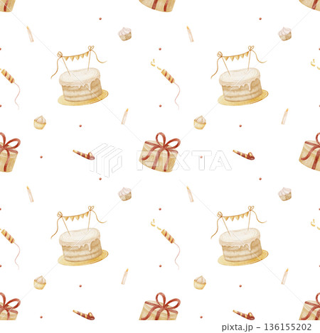 Pattern birthday cake, cupcakes, gift box, candles party garland. Watercolor illustrations in childish style. Seamless print hand-drawn isolated background for textiles fabrics baby clothes packaging 136155202