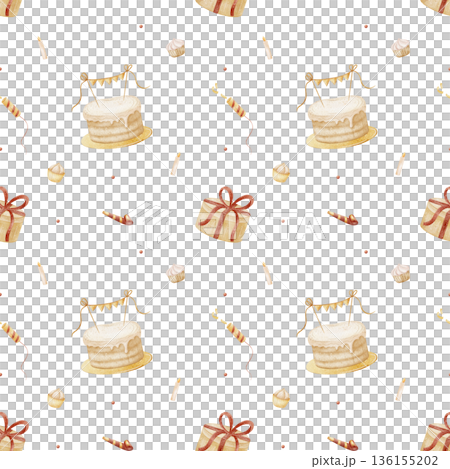 Pattern birthday cake, cupcakes, gift box, candles party garland. Watercolor illustrations in childish style. Seamless print hand-drawn isolated background for textiles fabrics baby clothes packaging 136155202