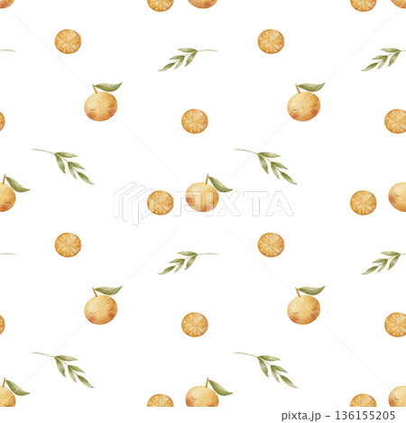Pattern tangerine fruits, oranges green leaves. Watercolor illustrations of tropical citrus for children. Seamless print hand-drawn on isolated background for textiles fabrics baby clothes wallpaper 136155205