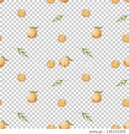 Pattern tangerine fruits, oranges green leaves. Watercolor illustrations of tropical citrus for children. Seamless print hand-drawn on isolated background for textiles fabrics baby clothes wallpaper 136155205