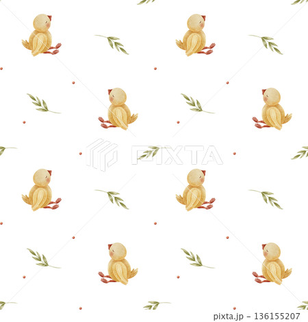 Pattern duck, farm bird, green leaves. Hand-drawn watercolor illustration in childish style. Seamless print duckling isolated from background for textiles, fabrics, baby clothes, wallpaper, packaging 136155207