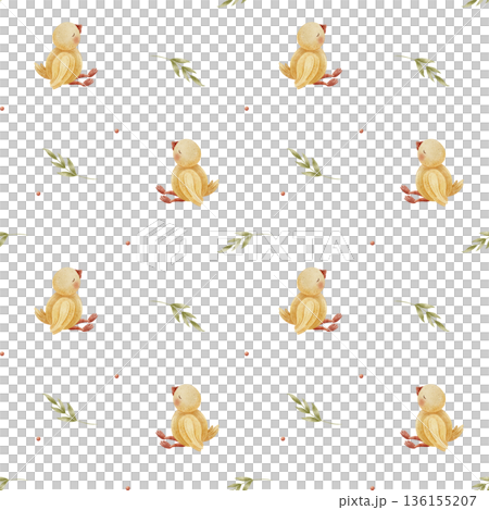 Pattern duck, farm bird, green leaves. Hand-drawn watercolor illustration in childish style. Seamless print duckling isolated from background for textiles, fabrics, baby clothes, wallpaper, packaging 136155207