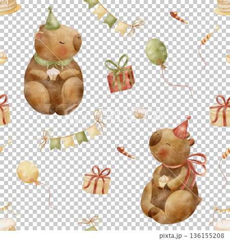 Pattern capybara birthday party, cake, cupcakes, balloons, garland. Watercolor illustrations in childish style. Seamless print hand-drawn on isolated background for textiles, baby clothes, packaging Pattern capybara birthday party, cake, cupcakes, balloons, garland. Watercolor illustrations in childish style. Seamless print hand-drawn on isolated background for textiles, baby clothes, packaging 136155208