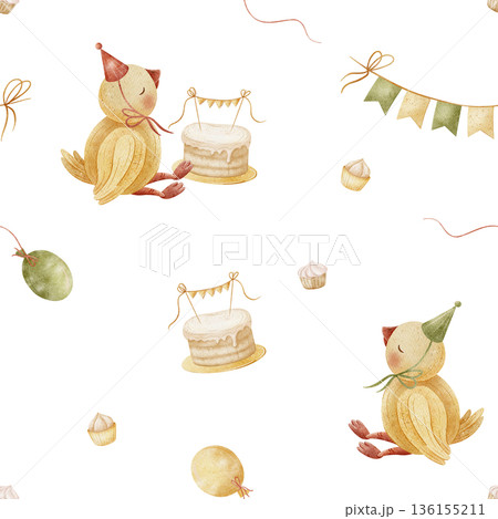 Pattern duck cake, cupcakes, birthday party air hot balloons. Watercolor illustrations in childish style. Seamless print hand-drawn on isolated background for textiles, fabrics, baby clothes packaging Pattern duck cake, cupcakes, birthday party air hot balloons. Watercolor illustrations in childish style. Seamless print hand-drawn on isolated background for textiles, fabrics, baby clothes packaging 136155211