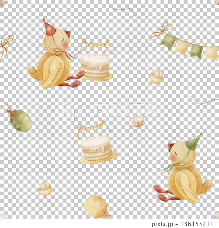 Pattern duck cake, cupcakes, birthday party air hot balloons. Watercolor illustrations in childish style. Seamless print hand-drawn on isolated background for textiles, fabrics, baby clothes packaging Pattern duck cake, cupcakes, birthday party air hot balloons. Watercolor illustrations in childish style. Seamless print hand-drawn on isolated background for textiles, fabrics, baby clothes packaging 136155211
