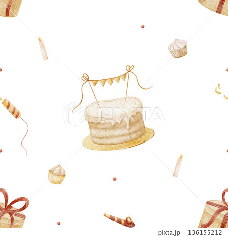 Pattern birthday cake, cupcakes, gift box, candles party garland. Watercolor illustrations in childish style. Seamless print hand-drawn isolated background for textiles fabrics baby clothes packaging Pattern birthday cake, cupcakes, gift box, candles party garland. Watercolor illustrations in childish style. Seamless print hand-drawn isolated background for textiles fabrics baby clothes packaging 136155212