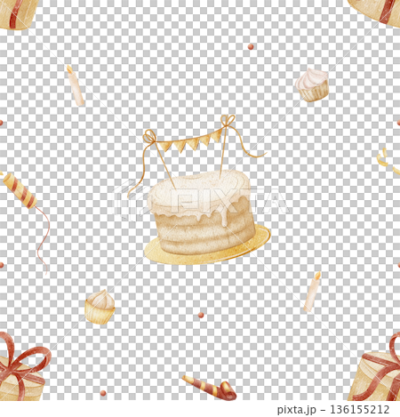 Pattern birthday cake, cupcakes, gift box, candles party garland. Watercolor illustrations in childish style. Seamless print hand-drawn isolated background for textiles fabrics baby clothes packaging Pattern birthday cake, cupcakes, gift box, candles party garland. Watercolor illustrations in childish style. Seamless print hand-drawn isolated background for textiles fabrics baby clothes packaging 136155212
