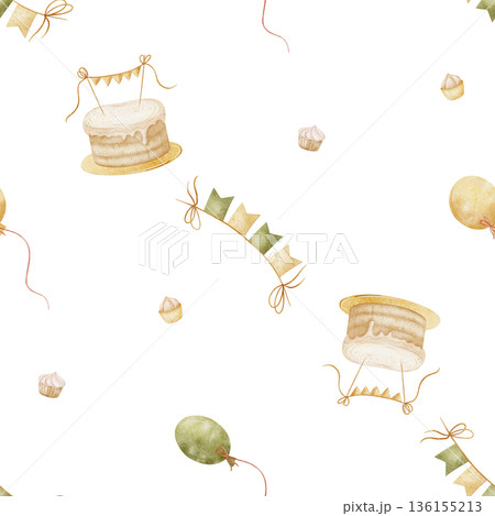 Pattern birthday cake cupcakes, air hot balloons party garland. Watercolor illustrations in childish style. Seamless print hand-drawn on isolated background for textiles fabrics baby clothes packaging Pattern birthday cake cupcakes, air hot balloons party garland. Watercolor illustrations in childish style. Seamless print hand-drawn on isolated background for textiles fabrics baby clothes packaging 136155213