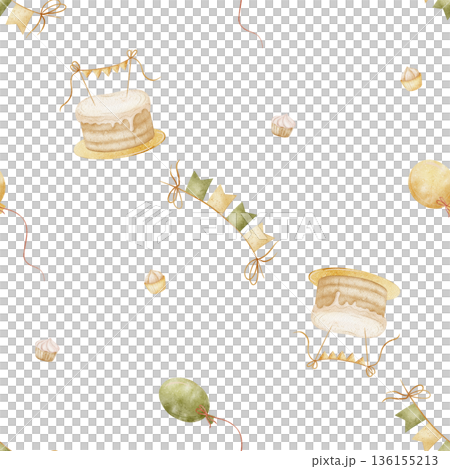 Pattern birthday cake cupcakes, air hot balloons party garland. Watercolor illustrations in childish style. Seamless print hand-drawn on isolated background for textiles fabrics baby clothes packaging Pattern birthday cake cupcakes, air hot balloons party garland. Watercolor illustrations in childish style. Seamless print hand-drawn on isolated background for textiles fabrics baby clothes packaging 136155213