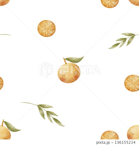 Pattern tangerine fruits, oranges green leaves. Watercolor illustrations of tropical citrus for children. Seamless print hand-drawn on isolated background for textiles fabrics baby clothes wallpaper Pattern tangerine fruits, oranges green leaves. Watercolor illustrations of tropical citrus for children. Seamless print hand-drawn on isolated background for textiles fabrics baby clothes wallpaper 136155214