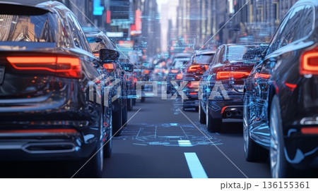 Self driving cars are navigating through city streets, utilizing augmented reality interfaces to display real time data and enhance their autonomous driving capabilities 136155361
