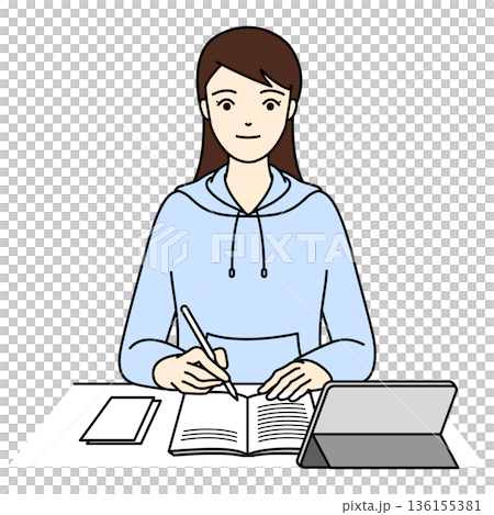 タブレットとノートを併用して真剣に学習するパーカーの女性 136155381