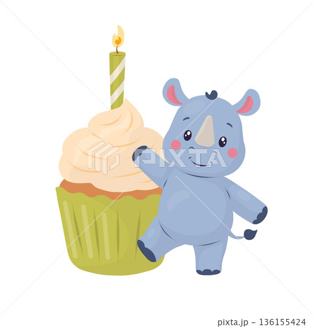An adorable baby rhinoceros stands next to a birthday cupcake with a lit candle. This cute pastel flat vector illustration is perfect for baby shower invitations, greeting cards, nursery prints, An adorable baby rhinoceros stands next to a birthday cupcake with a lit candle. This cute pastel flat vector illustration is perfect for baby shower invitations, greeting cards, nursery prints, 136155424
