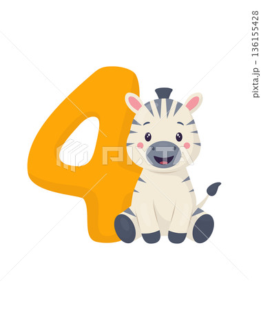 Orange number four with a smiling baby zebra. Cute pastel flat vector cartoon. Kids safari animal character for 4th birthday invitations, greeting cards, posters, stickers, decor, nursery prints web. 136155428