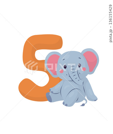 Orange number five with a baby elephant. Cute pastel flat vector cartoon, clean style. Kids safari animal character for 5th birthday invitations, greeting cards, posters, stickers, nursery decor web. 136155429