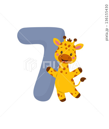 Blue number seven with smiling baby giraffe. Cute pastel flat vector cartoon, clean style. Kids safari animal character for 7th birthday invitations, cards, posters, stickers, decor, nursery and web. 136155430